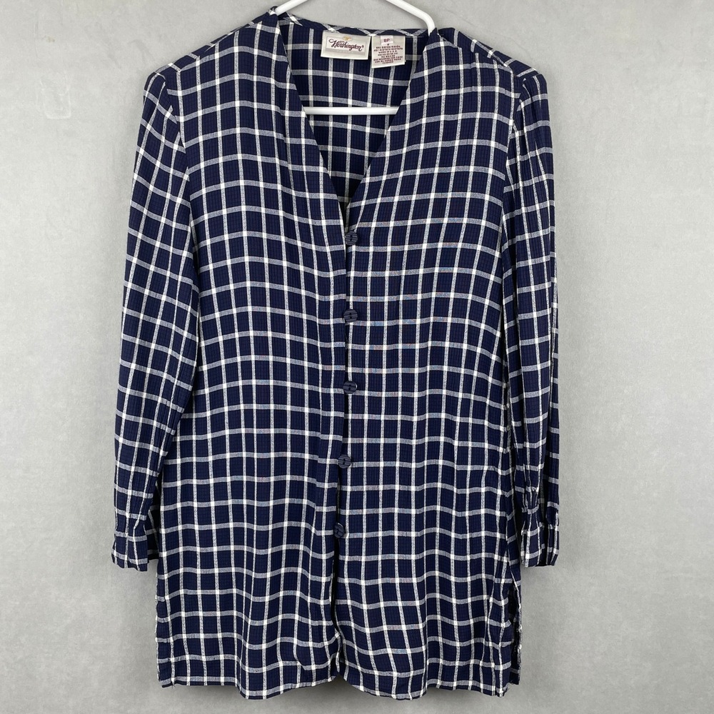 VTG Worthington Petite Blue Windowpane Plaid Button Tunic Blouse USA Made 90s 8P